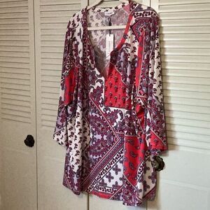 Red White Graphic Tunic Top 3XL Flutter Sleeve Asymmetrical Boho Plus Size